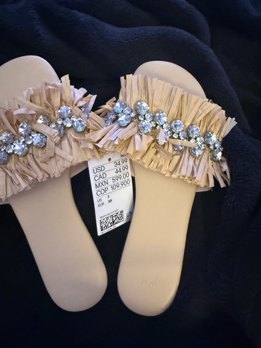 H&M Beige Fringe Slide Sandals with Crystal Accents